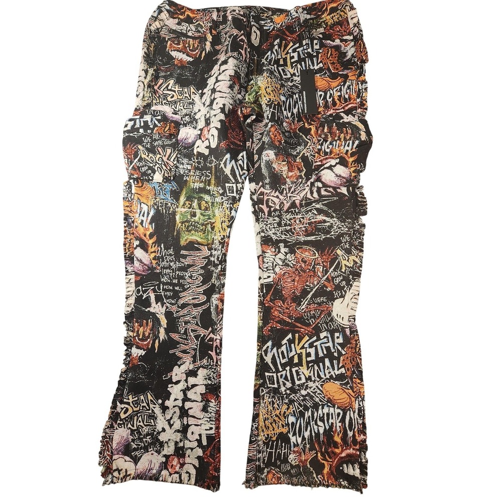 NWT Rockstar Original Jari Multi Stacked Flare Jeans 44 tapestry Punk Goth Cargo